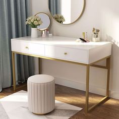 a bathroom with a vanity, mirror and stool next to a curtained window in the room