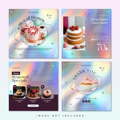 four postcards with cakes and desserts on them, all in pastel colors