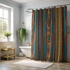 a bath room with a tub and a shower curtain