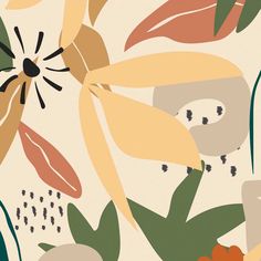 an abstract floral wallpaper with leaves, flowers and dots on it's surface