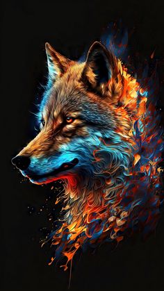 a painting of a wolf's head with flames coming out of it