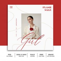 a red and white flyer for a fashion sale with a woman wearing a flower in her hair