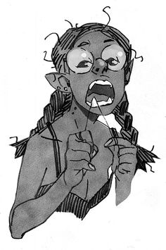 a black and white drawing of a woman brushing her teeth