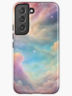 a phone case with an image of the sky and clouds in pastel colors on it