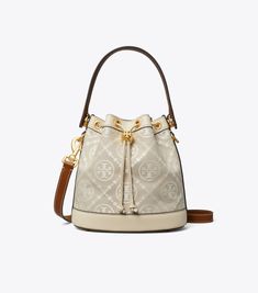 TORY BURCH Women T Monogram Embossed-logo Bucket Bag-NOBLEMARS Tela, Tory Burch Bucket Bag, Bucket Bag Style, Moroccan Architecture, T Monogram, Mini Bucket Bag, Womens Designer Handbags, Mini Bucket Bags, Mini Bucket