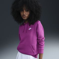 Club Fleece sweatshirts, universally loved for their coziness and consistency, are for everyone. A cold-weather essential, this easy-to-layer hoodie is a go-to whether you're pairing it with your favorite jacket or wearing it around the house. Purple Nike Sweatshirt, Nike Fleece Tops With Drawstring Hood, Sporty Heather Sweatshirt With Drawstring Hood, Sporty Heather Hoodie Sweatshirt, Nike Loungewear Top With Drawstring Hood, Nike Tops With Drawstring Hood For Loungewear, Sporty Heather Winter Sweatshirt, Sporty Heather Sweatshirt For Winter, Pink Nike Hoodie With Crew Neck