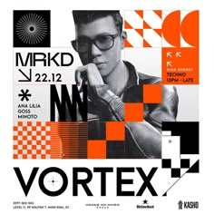 a poster with an image of a man in glasses and the words vortex on it