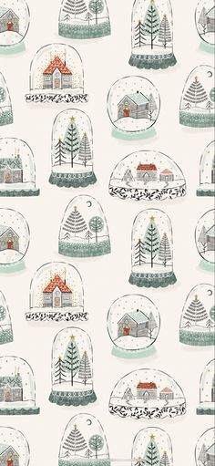 snow globes with houses and trees in them on a white wallpapered background