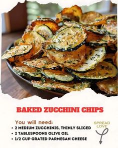 an advertisement for baked zucchini chips on a plate