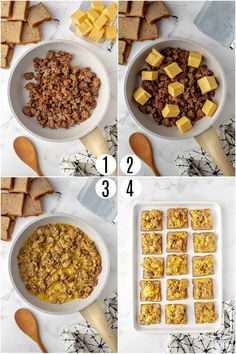 four pictures showing how to make an easy breakfast casserole with cheese and ground beef