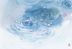 an abstract painting with water droplets and pink flowers floating in the air on top of it