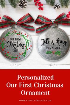 two personalized christmas ornaments hanging from a tree