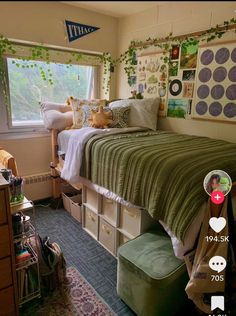 a bed room with a neatly made bed and lots of storage boxes on the floor