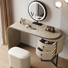 a vanity with a stool and mirror in a room