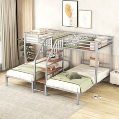 a metal bunk bed sitting on top of a hard wood floor