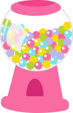 a pink gummy machine filled with lots of colorful candies and lollipops