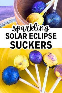 some purple and yellow lollipops are on a yellow plate with the words sparkling solar eclipse suckerrs