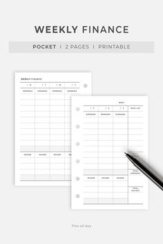 the printable weekly finance planner is shown with a pen and paper on top of it