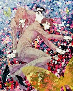 two anime characters are in the middle of flowers