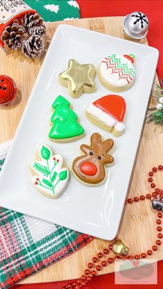 decorated christmas cookies on a white plate