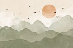 birds flying in the sky over mountains under a full moon with an orange circle above them