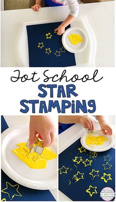 Star stamping with cookie cutters is a simple fine motor activity that is perfect for a space theme in tot school, preschool, or the kindergarten classroom. Space Kindergarten, Space Theme Preschool, Space Lessons, Tata Surya, School Calendar, Crafts Easy