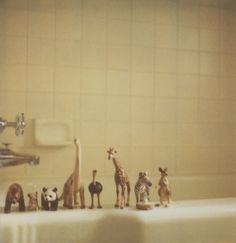 the toy animals are lined up in the bathtub