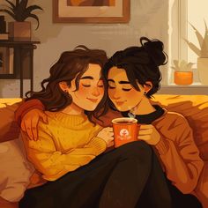 two women sitting on a couch holding coffee cups