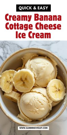 creamy banana cottage cheese ice cream in a bowl on a marble counter with text overlay