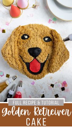 a golden retriever cake on a table with confetti around it and the words, full recipe & tutor golden retriever cake