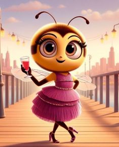 a cute little bee in a pink dress holding a wine glass and looking at the camera