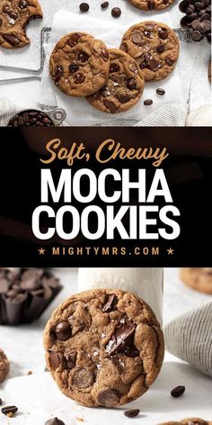 soft and chewy mocha cookies with chocolate chips on top