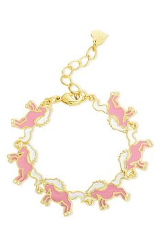 Magical unicorns are strung along a whimsical bracelet plated in gleaming 18-karat gold. Adult supervision strongly recommended; jewelry presents choking hazard and should be removed when infant or small child is unattended 1/2" band width Lobster clasp closure 18k-gold plate/enamel Imported Kids' Wear Unicorn Bracelet, Clothes Sizes, Bow Pendant, Anchor Necklace, Magical Unicorn, Girls Jewelry, Girls Clothes, Gold Plated Necklace, Lobster Clasp