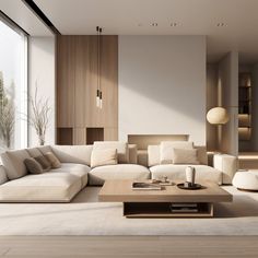 a modern living room with white furniture and wood paneling on the walls, along with floor to ceiling windows