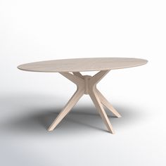 an oval table with two crossed legs and a circular wooden top, on a white background