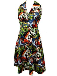 Women's+"Movie+Monster"+Halter+Dress+by+Tattoo'd+Dolls+(Black) Psychobilly Fashion, Tattoo Dress, Rock Clothing, Inked Shop, Skull Dress, Woman Movie, Movie Monsters, Emo Goth