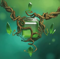 a green jewel surrounded by vines and leaves on a green background with the letter e