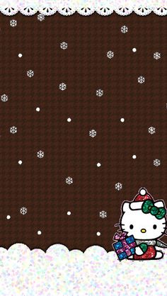 a hello kitty christmas card with snowflakes and bows on the top, in front of a brown background