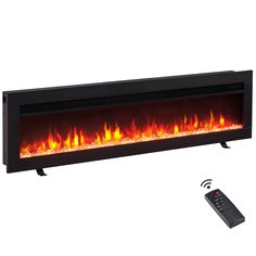 an electric fireplace with remote control and fire flames on the sides, in front of a white background