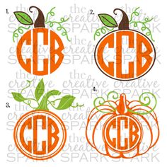 three pumpkins with the monogrammed letters on them, and one has an initial