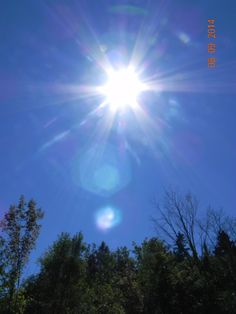 the sun shines brightly in front of trees on a clear day with blue sky