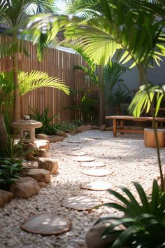 a garden with rocks and plants in it