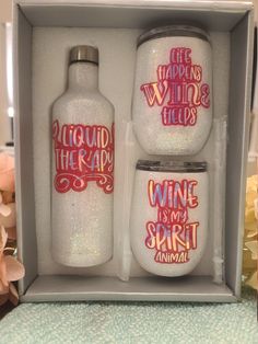 two wine glasses in a gift box with the words wine is my spirit on them