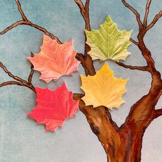 three maple leaves are arranged in the shape of a tree on top of a blue background