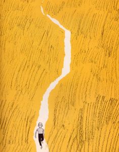 a drawing of a man walking down a path in the middle of a yellow field