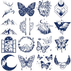 a collection of tattoo designs with different animals and flowers on them, including the moon