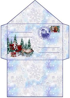 an envelope with santa claus and reindeers on the snow covered ground, in front of a