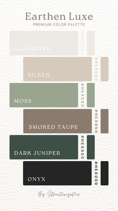 the color palette for earthen luxe is shown in shades of green, brown and white