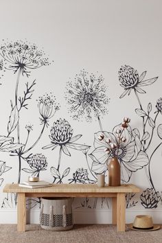 Image of Luxury Botanical Wallpaper from Happywall Black And White Flower Mural Wall, Cricut Wall Decals Master Bedrooms, Botanical Wall Painting, Minimalist Peel And Stick Wallpaper, Flower Wall Murals Painted, Laundry Vanity, Cricut Wall Decals, Diy Wall Hanging Ideas, Botanical Interior Design