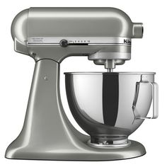 an image of a silver kitchen mixer on a white background with clippings to the side